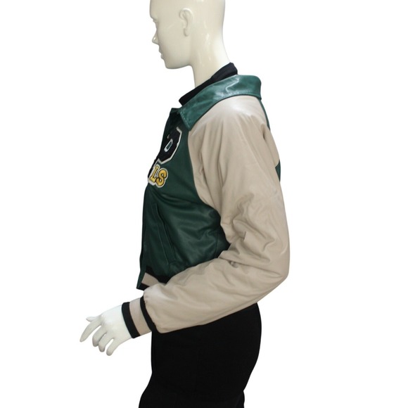 Fashion Nova Green Faux Leather Varsity Jacket Letterman Style Small - Picture 3 of 9